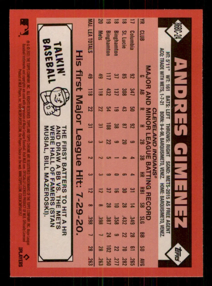 2021 Topps Chrome '86 Topps #86BC24 Andres Gimenez - Image 2 of 2