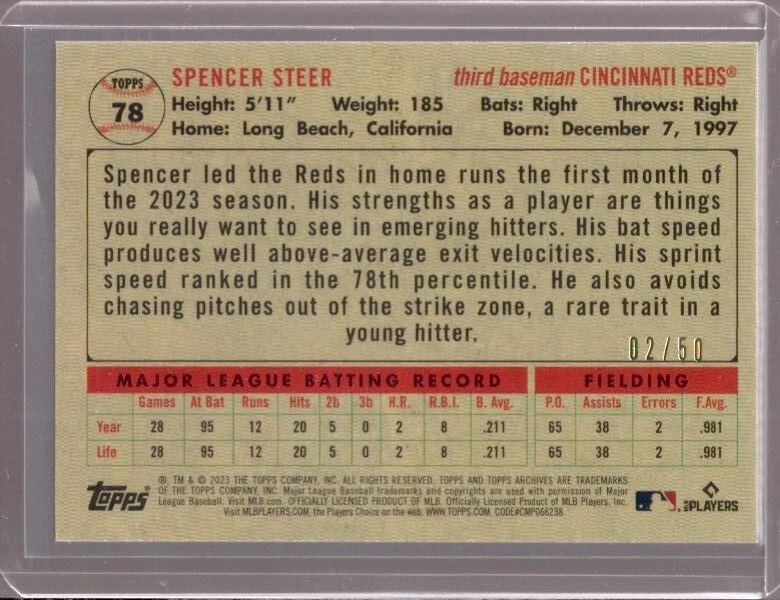 SPENCER STEER 2023 Topps Archives #78 Red Hot Foil Rookie RC #02/50 - Image 2 of 2