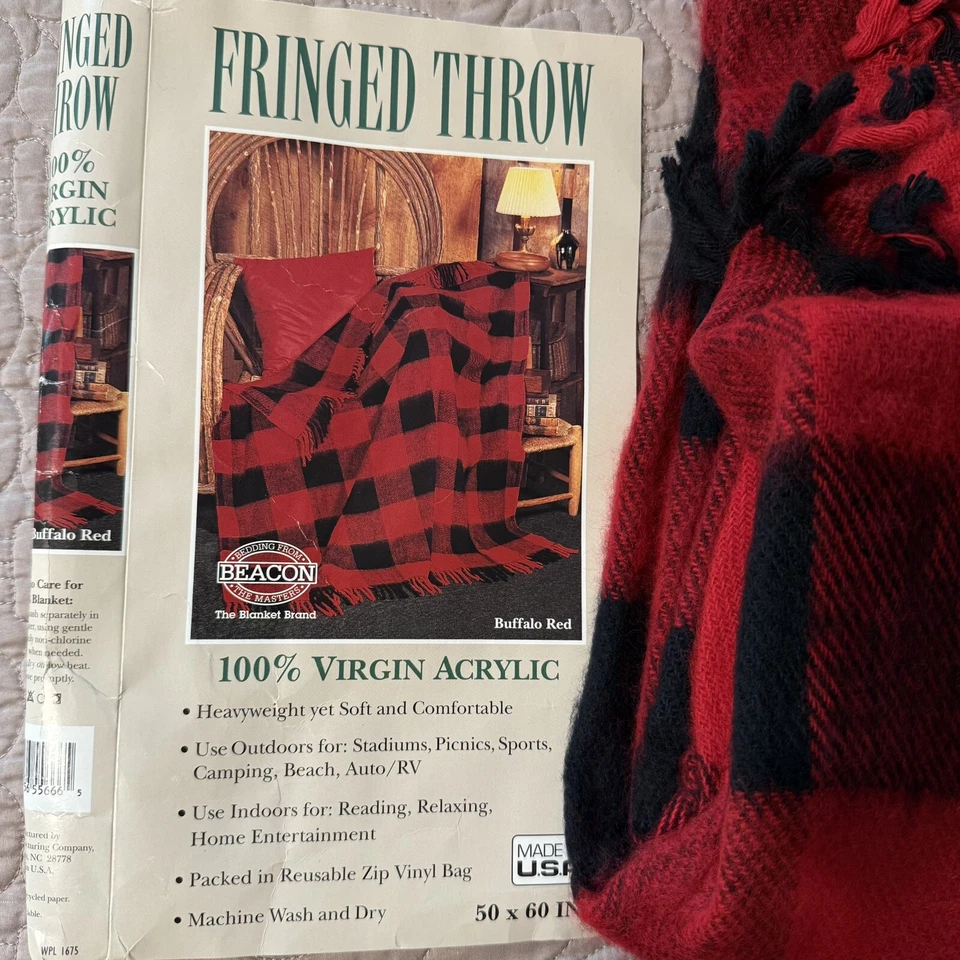 Винтажный бахромой бросить одеяло черный и красный клетку от маяк акриловый мягкий - Изображение 4 из 4