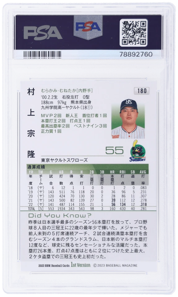 2023 Bbm 1st Version Munetaka Murakami Silver Foil Facsimile #180 PSA 10 - Image 2 of 2