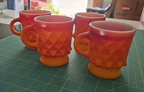 4 Vintage Anchor Hocking Fire King Kimberly Diamond Pattern Coffee Mug Orange.