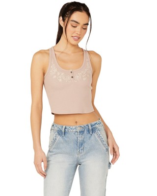 Cleo + Wolf Women's Aurora Embroidered Henley Rib Knit Tank - CLSP24K73-BRK