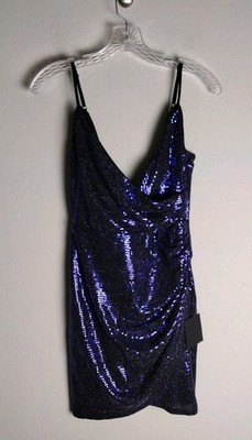 Lulus Blue Indigo Sequin Shiny Disc Ruched Faux Wrap Dress Small NWT