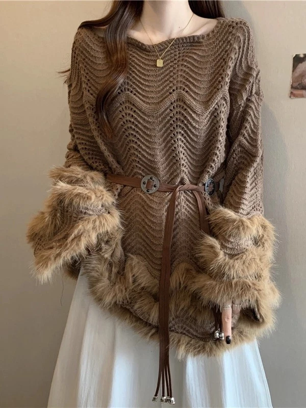 Nuevo suéter de punto de felpa hueco para mujer talla grande manga larga cubierta superior Foto 2 de 4