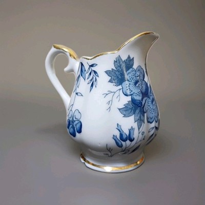 American Cut Crystal Blue & White Porcelain Pitcher/Vase Gold Trim Enesko Japan