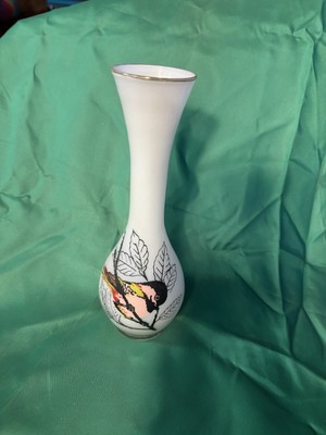 Vintage White VASE with Hand Painted Black & Pink BIRD Retro Mod Free Ship