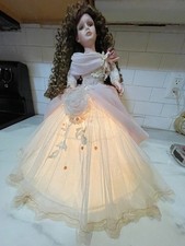 VTG Porcelain Victorian Doll Floral Outfit Brown Crl hair Table Lamp Night Light