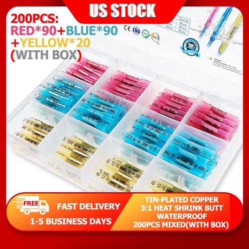 Heat Shrink Connectors-200PCS Boxed 3:1 Waterproof Assortment 3 Colors Free Ship - Picture 1 of 45