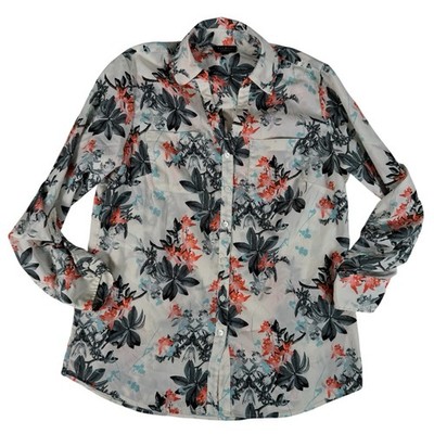 Talbots Nantucket Beige Floral Print Tab Long Sleeve Point Collard Top Size S.