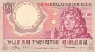 #Kingdom of Netherlands 25 Gulden 1955 P 87 VF Christiaan Huygens