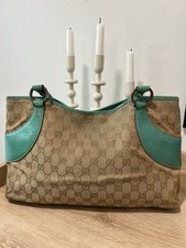    Authentic Gucci Vintage GG Monogram Shoulder Bag   Green Leather Trim