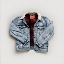 Vintage Levi's Sherpa Lined Denim Jacket Light Wash Flannel Plaid Interior Small