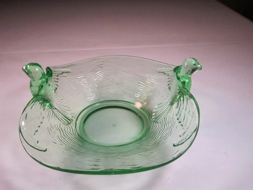 VTG Fenton UV Reactive Green Birds On Edge Nest Bowl