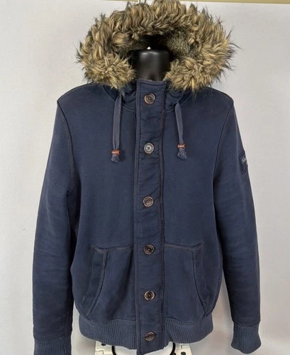 VNTG Abercrombie & Fitch Men L Navy Heavy Quilted Utility Parka Jacket Fur Hood - product listing photo