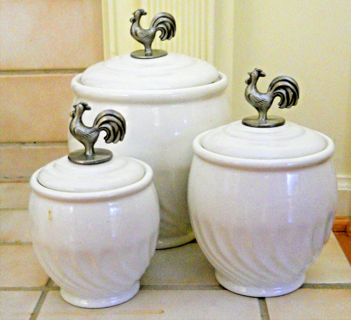 Vtg. Lillian Vernon Canister Jar Set White Stoneware Pewter