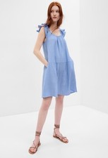 NEW TAGS GAP CRINKLE GAUZE MINI DRESS BLUE SILVER STRIPE RUFFLE POCKETS XS P 60