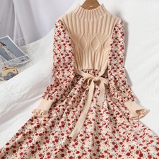 Damen Langes Kleid Floral Corduroy Strick-Optik Pullover Schnürung Locker