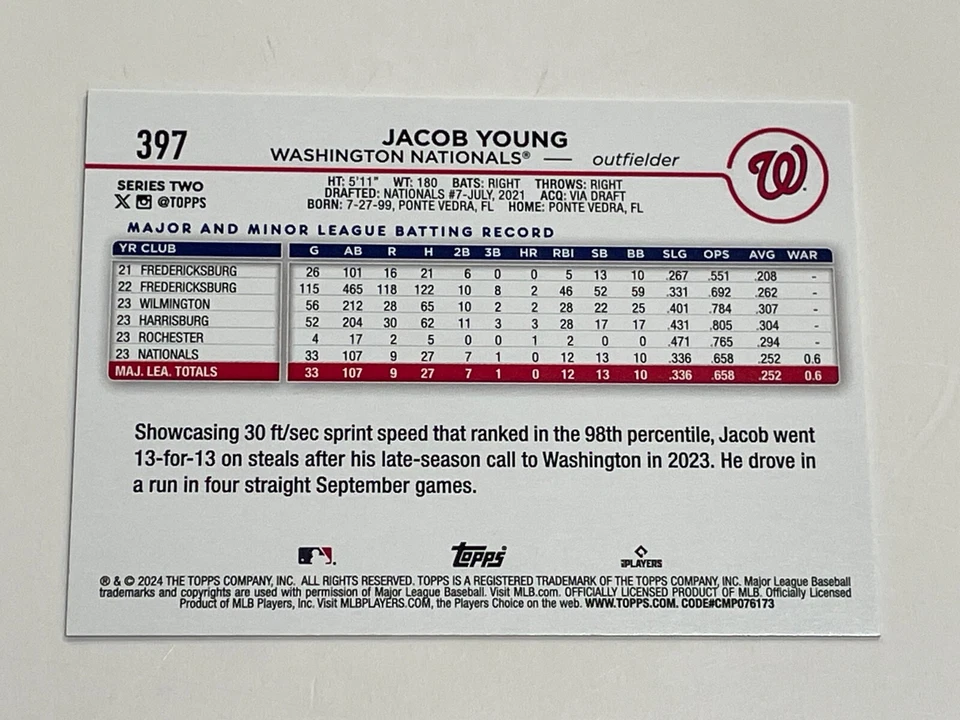 2024 Topps All-Star Game Baseball Foil Parallel - Jacob Young RC - Nationals - Image 2 of 2