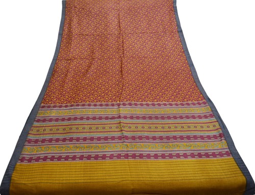 Indian Vintage Maroon & Mustard Heavy Saree Pure Woolen Woven Printed Sari 5yd - Picture 3 of 15