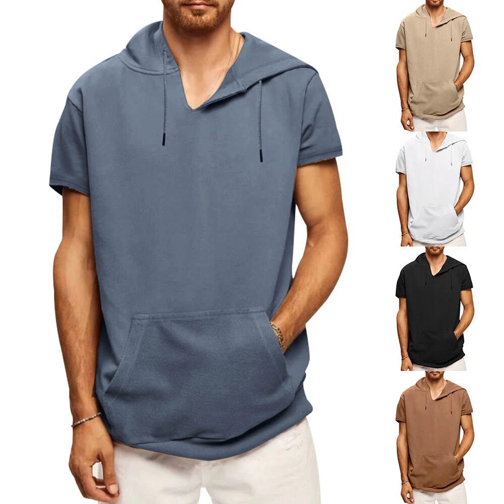 Mens Short Sleeve Hooded Plain T Shirt Summer Casual Hoodie Gym Sport  Blouse US | eBay