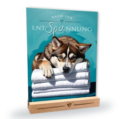 Hundeschild Husky Siberian No.3 Entspannung Dog Schild Deko Badezimmer Holzständ