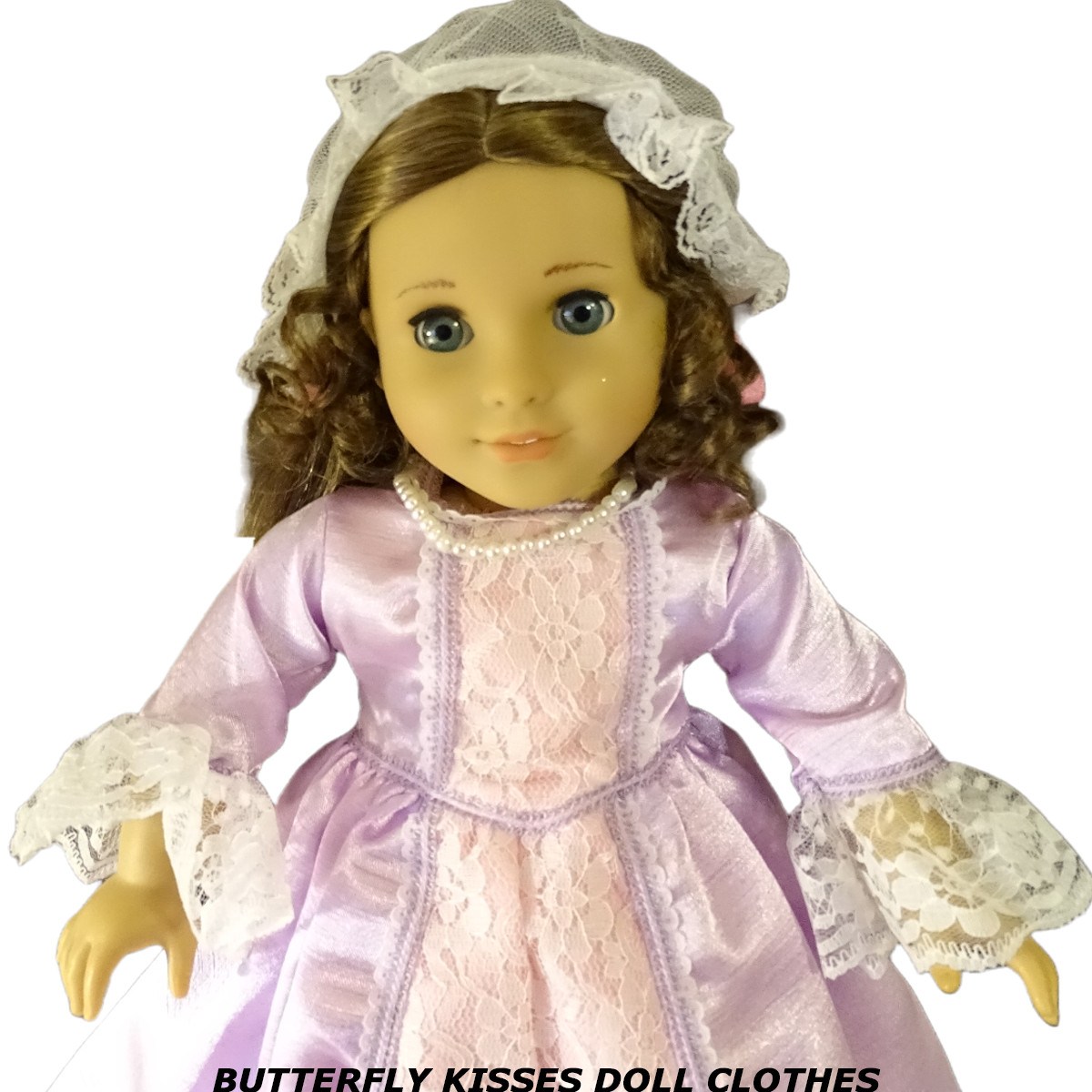 Fits 18&rdquo; American Girl Lavender Lace Colonial Gown+mob Cap Pearsl