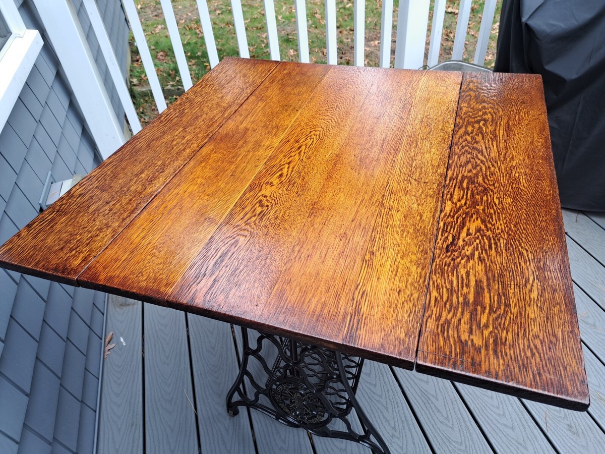 Repurposed 19th Century Cast Iron Singer Sewing Base/Oak Drop Leaf