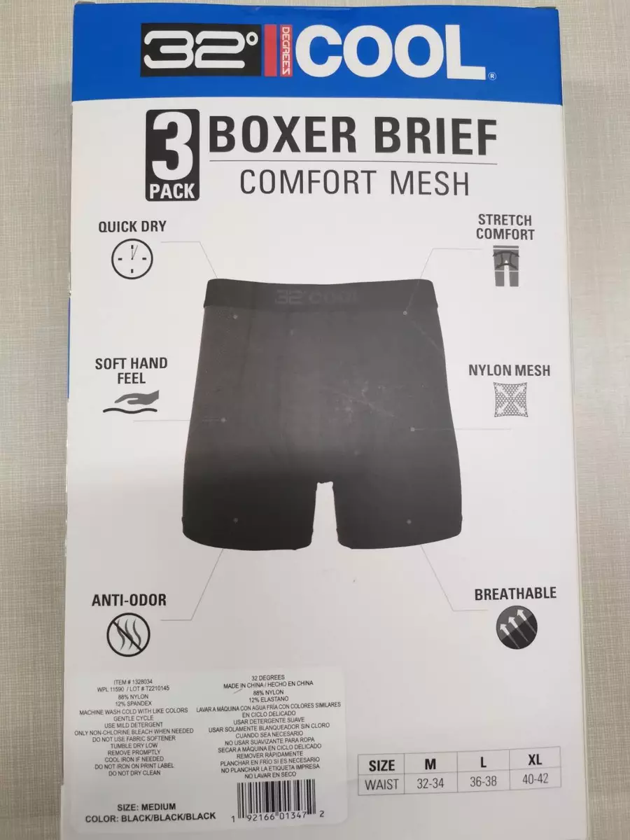 32 Degrees Mens Boxer Briefs (3-pack) Comfort Mesh Black Size M