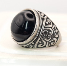Chunky Pewter Ring Black Cabochon Stone Pinky Size M Gothic Jewellery