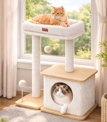Modern Cat Tree for Indoor Cats, Nordic Loft Style, Wooden Cat Tower with Sis...