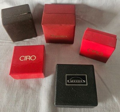 5 boxes from different jewelers, Ciro, Majorica, Cabochon, etc.