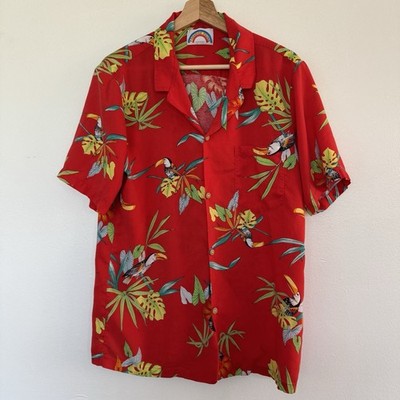 Vintage Paradise Found Hawaiian Shirt Medium Red Aloha Tropical Parrot Magnum PI