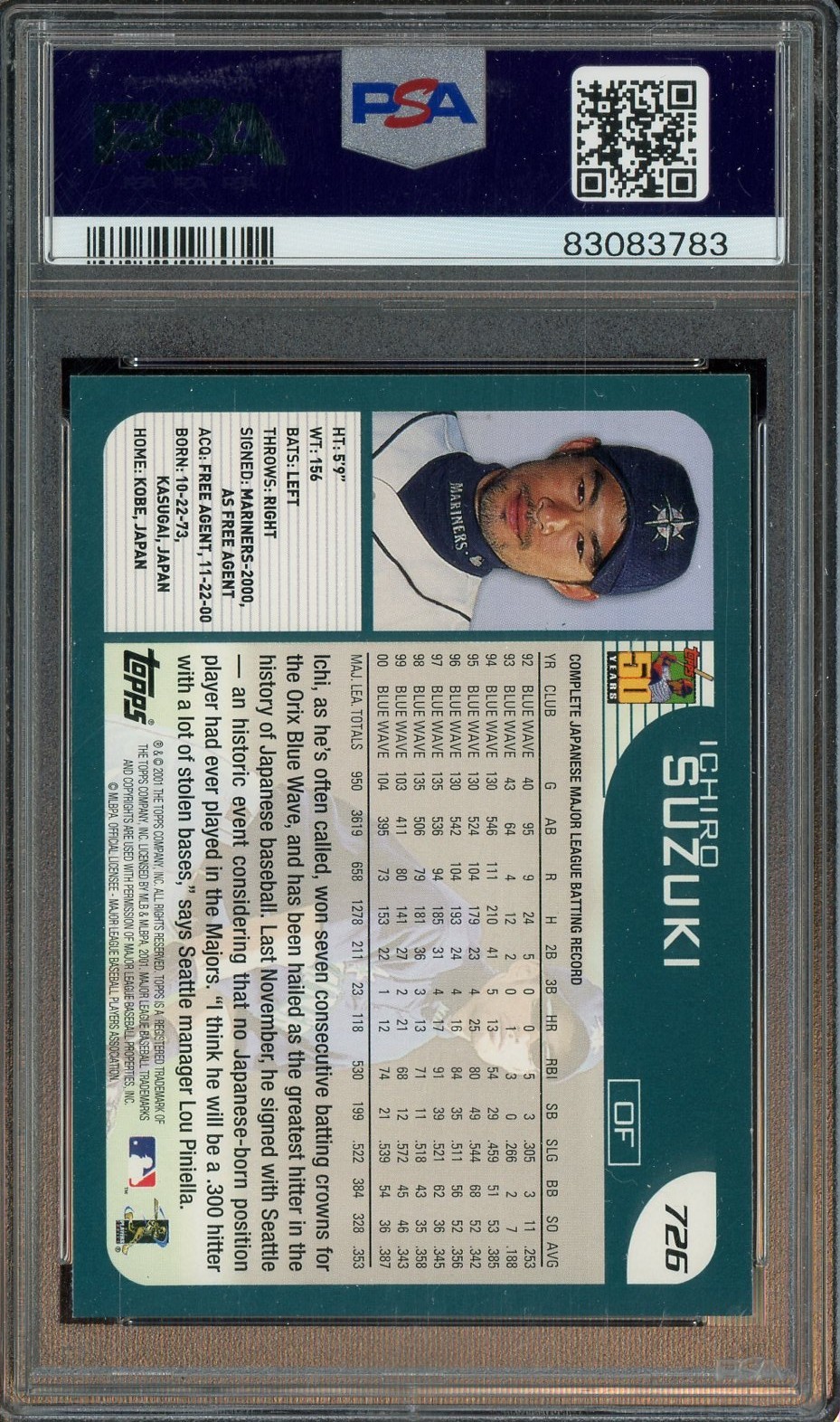 2001 Topps #726 Ichiro Suzuki Seattle Mariners RC Rookie HOF PSA 8 NM-MT view 2