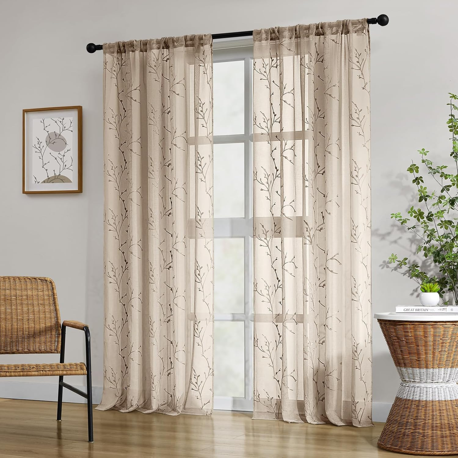 Taupe Sheer Curtains 52 X 84 Inches Length 2 Panels Embroide