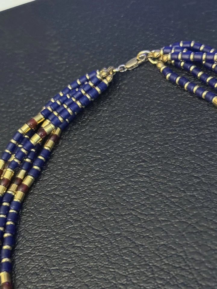 "Collar egipcio de 5 hilos Nefertari relleno de oro de 14k - lapislázuli y granates 19""" Foto 4 de 4