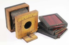C20221 Tiny Unidentified 4x5 Wood View Camera  Plate Holders - 1880s/90s 
