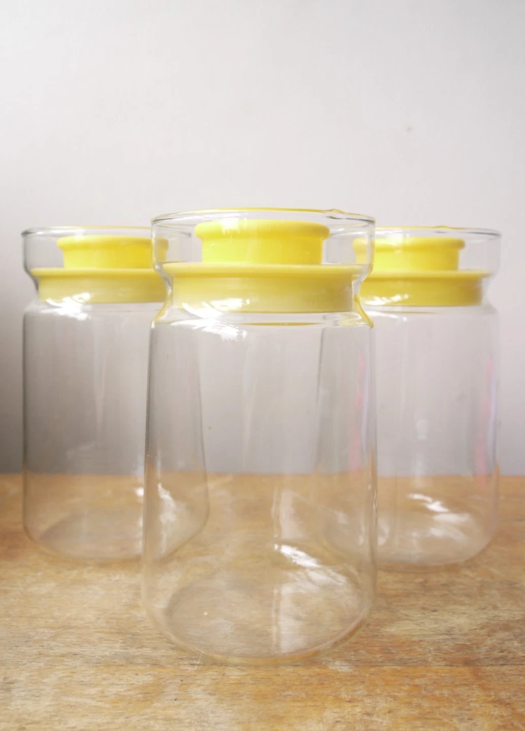 Vintage JAJ Pyrex Glass Canisters With Plastic Stoppers - Set of 3