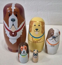 Wooden Nesting Doll/Dogs Pug Beagle Bulldog Retriever St Bernard - 6"