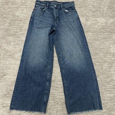 American Eagle Jeans Womens 8 Blue Super High Rise Baggy Wide Leg Raw Hem Denim