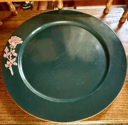 VINTAGE FRANKOMA FOREST GREEN, ROSE 11" DINNER PLATE, ADA CLAY, DISCONTINUED,EUC