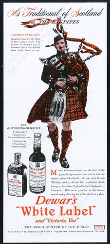 1948 Clan Cameron of Lochiel tartan bagpipes piper Dewar's Scotch Whisky vtg ad