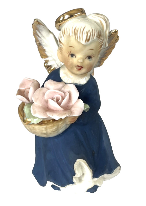 Vintage LEFTON'S JAPAN Ceramic ~ ANGEL w PINK FLOWERS ~ Figurine 1453 C