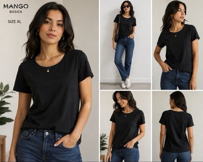 MANGO Basics Women's Black Solid Crew Neck Short Sleeve T-Shirt Size XL