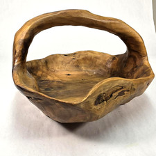 Vintage Hand Carved Burl Wood Basket Bowl w/ Handle - Rustic 14  x 13  x 9"