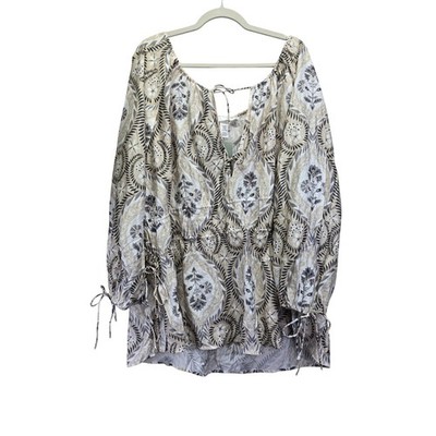 NWT H&M Womens 3XL Paisley Floral Peasant Blouse Boho Balloon Sleeve Top Neutral