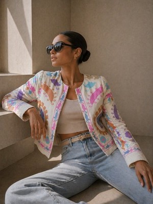 Boho Chic Jacke Damen | Pastell Töne | Handbestickt | Sommer Look Gr. M