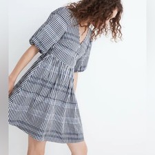 Madewell Poplin V-Neck Bubble-Sleeve Mini Dress in Plaid size 8 preppy classic