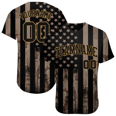 Custom Camo Black-Old Gold 3D American Flag Baseball Jersey