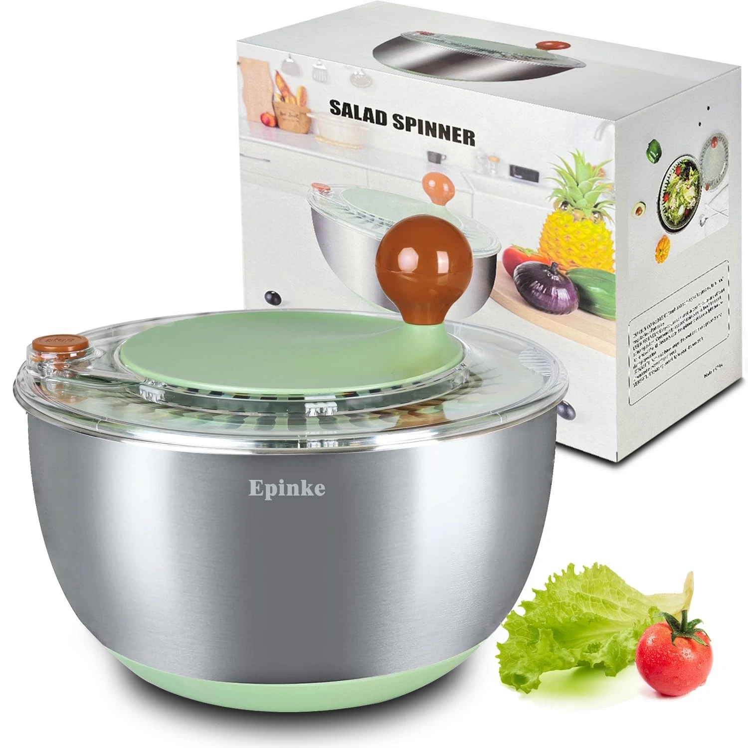 5.3Qt Stainless Steel Salad Spinner with Stop Button, Vegetable Dryer Spinner...