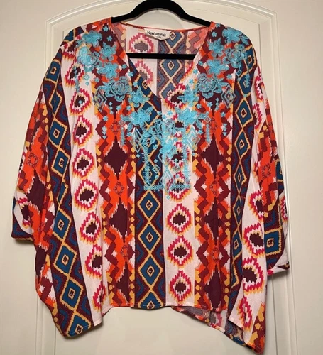 Savanna Jane Womens Multicolor, Aqua Embroidery, Poncho Style Blouse, SZ M